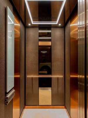 LEVELe-105 Elevator Interior with customized panel layout; Capture panels in Bonded Bronze with D… _ Elevator lobby design, Cabin interior design, Elevator interior